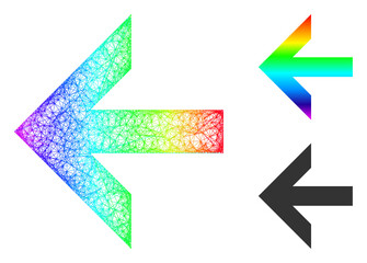 Spectral vibrant crossing mesh arrow left, and solid spectral gradient arrow left icon. Hatched frame flat network abstract symbol based on arrow left icon, is made from crossing lines.