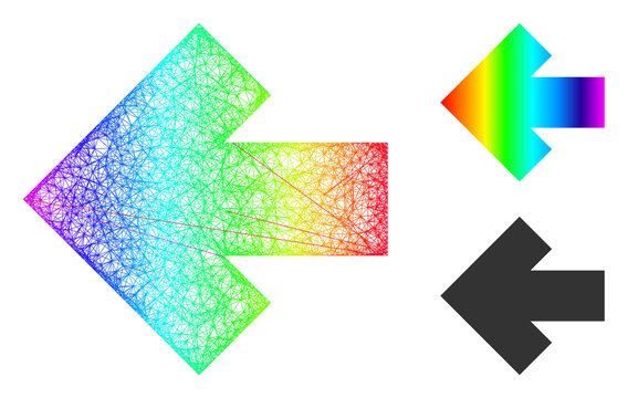 Spectrum colorful net mesh arrow left, and solid spectrum gradient arrow left icon. Wire carcass 2D net geometric image based on arrow left icon, made from crossing lines.