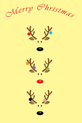 Christmas card with tree raindeers on yellow background.