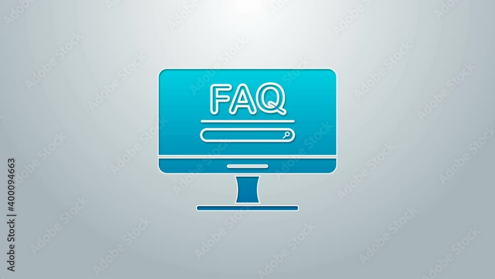 Poster blue line computer monitor with text faq information icon isolated on grey background. frequently as