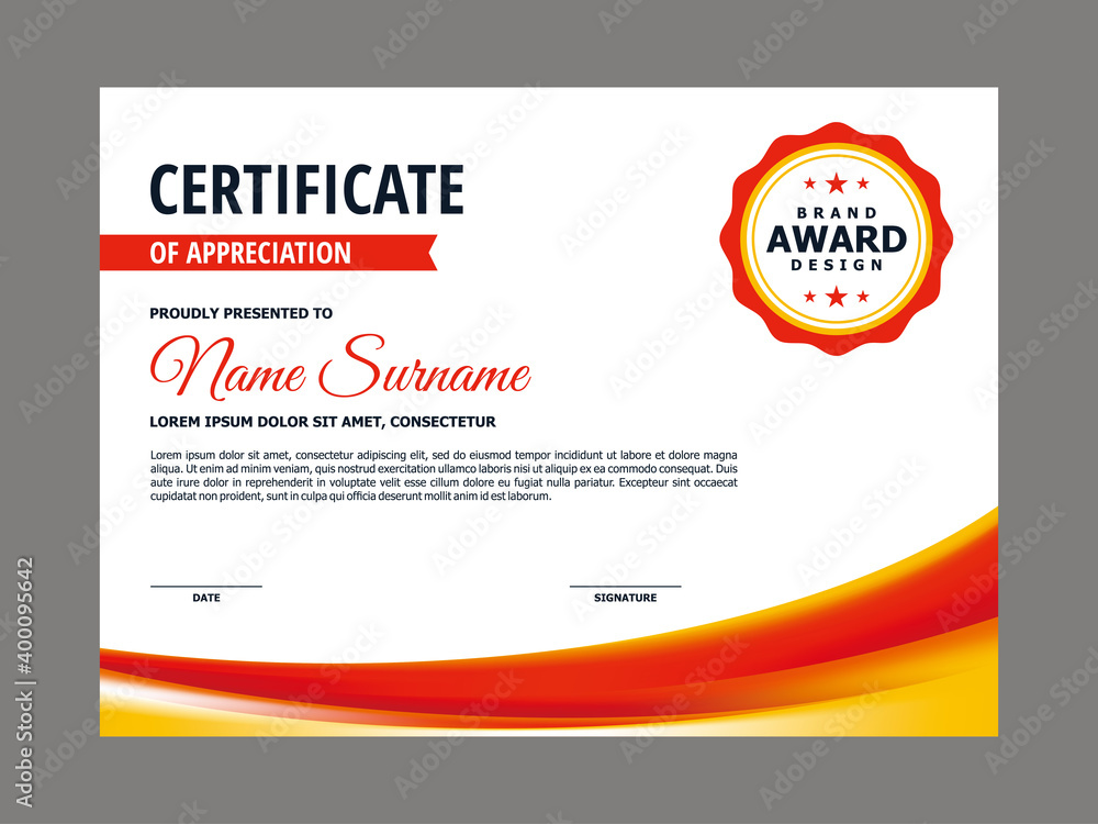 Poster abstract smooth certificate with red orange wavy element design, professional, modern, elegant certi