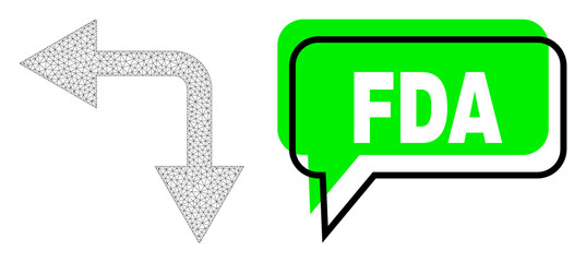 Misplaced FDA green phrase frame and bifurcation arrow left down mesh model. Vector flat bifurcation arrow left down, designed with flat mesh. Green chat contains FDA caption inside black frame,