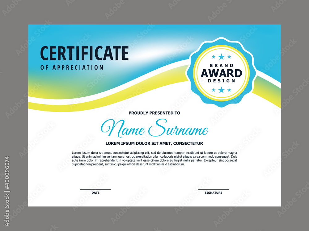 Poster abstract smooth certificate with blue and yellow wavy element design, professional, modern, elegant 
