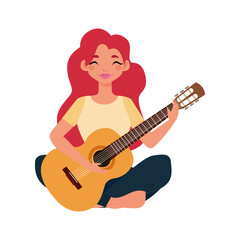 Isolated girl red head with guitar hygge style icon - Vector