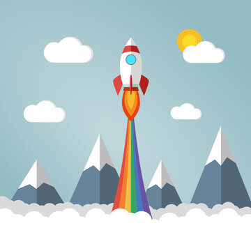 Rocket launches in the sky flying over mounts and white fluffy clouds and emits rainbow colored smoke. Copy space for design or text. Flat style design vector