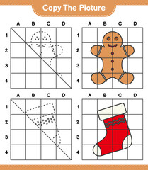 Copy the picture, copy the picture of Gingerbread Man and Christmas Stocking using grid lines. Educational children game, printable worksheet, vector illustration