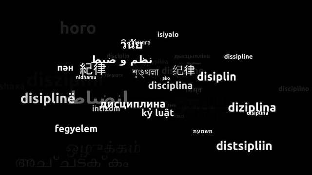 Discipline Translated in 55 Worldwide Languages Endless Looping 3d Zooming Wordcloud Mask