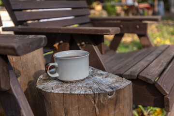 Iron white mug for tea on tree stump. Concept of outdoor recreation