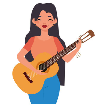 Isolated girl black head with guitar hygge style icon - Vector