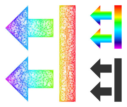 Rainbow colorful net bring left, and solid rainbow gradient bring left icon. Wire frame flat net geometric image based on bring left icon, is made with intersected lines.
