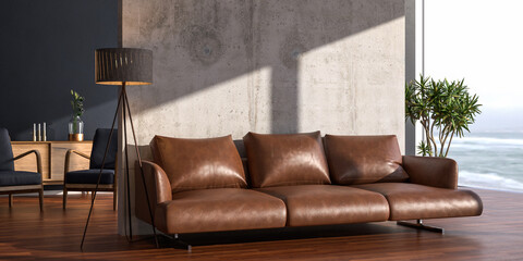Brightly lit living room with leather sofa in front of concrete room divider. Large Windows to a...