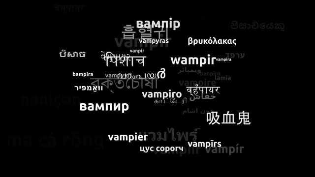 Vampire Translated in 44 Worldwide Languages Endless Looping 3d Zooming Wordcloud Mask