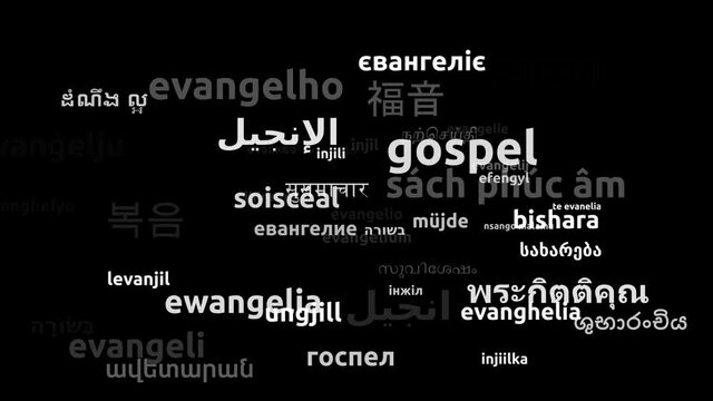 Gospel Translated in 51 Worldwide Languages Endless Looping 3d Zooming Wordcloud Mask