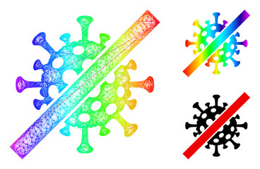 Rainbow vibrant net mesh cancel coronavirus, and solid spectrum gradient cancel coronavirus icon. Wire frame flat net abstract image based on cancel coronavirus icon, generated from crossed lines.