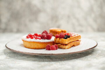 front view tart and waffles with pomegranate raisin and raspberry on white oval plate on isolated background with copy space