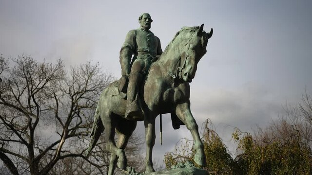 Robert E Lee statue in Market Square Park in Charlottesville, Virginia, confederate monument.