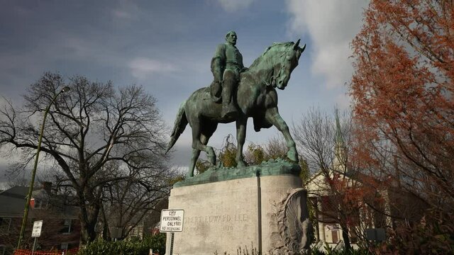 Robert E Lee statue in Market Square Park in Charlottesville, Virginia, confederate monument.