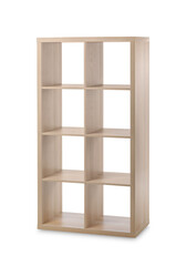 Empty wooden shelving unit isolated on white