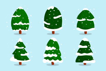 Christmas forest trees with snow set. Green snowy fir-tree of different shapes in flat cartoon style. Pine as traditional element, symbol New Year holiday, winter season. Isolated vector illustration