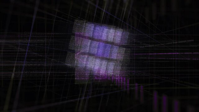 Abstract digital grid in a shape of rotating box, seamless loop. Animation. Virtual purple figure of 3D cubes made of shimmering particles isolated on black background. 