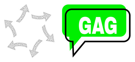 Misplaced Gag green text speech shape and centrifugal arrows wireframe composition. Vector flat centrifugal arrows, built from flat mesh. Green conversation contains Gag text inside black frame,