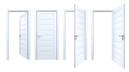 Set of modern, solid wood, single, 3D realistic entrances. Front view of closed and open inside, outside doors with white wooden, laminated plastic planks