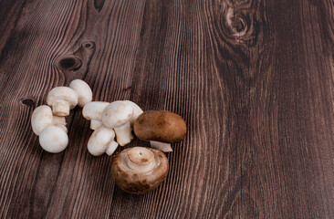Fresh champignon mushrooms isolated on wooden table