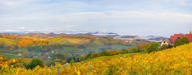 Fototapeta premium Autumn landscape with South Styria vineyards,known as Austrian Tuscany,a charming region on the border between Austria and Slovenia with rolling hills,picturesque villages and wine taverns,at sunrise
