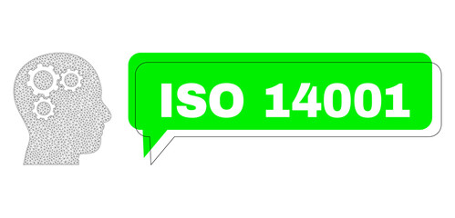 Shifted ISO 14001 green phrase frame and brain gears mesh model. Vector 2d brain gears, designed with polygonal grid. Green speech contains ISO 14001 caption inside black frame, and color balloon.