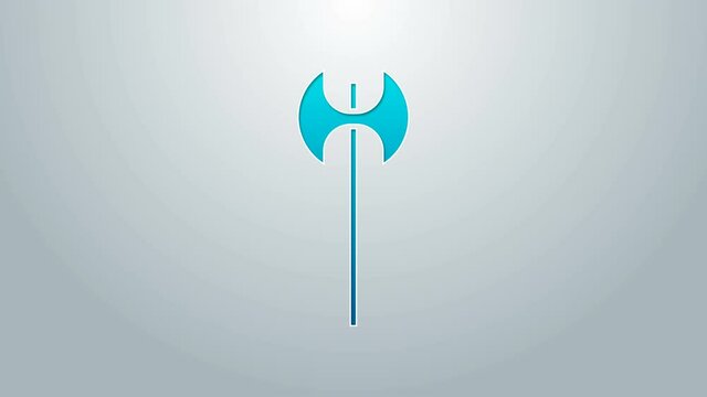 Blue line Medieval axe icon isolated on grey background. Battle axe, executioner axe. Medieval weapon. 4K Video motion graphic animation