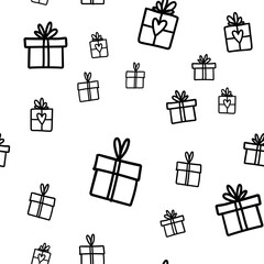 Gift box doodle seamless pattern. Present with ribbons texture drawings. Texture of holiday season presents. Christmas background.