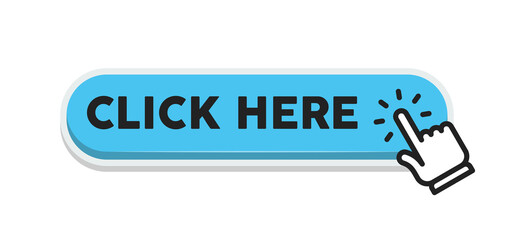 Click here button with clicking hand icon. Flat design style.