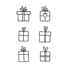 Hand drawn gifts collection. Present box with ribbons. Doodle illustrations. Christmas gift symbols.