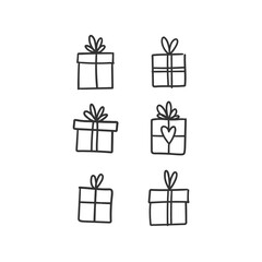 Hand drawn gifts collection. Present box with ribbons. Doodle illustrations. Christmas gift symbols.