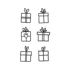 Hand drawn gifts collection. Present box with ribbons. Doodle illustrations. Christmas gift symbols.