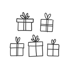 Hand drawn gifts collection. Present box with ribbons. Doodle illustrations. Christmas gift symbols.