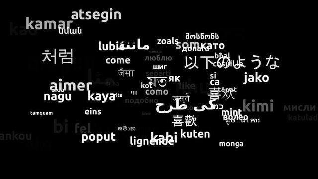 Like Translated in 81 Worldwide Languages Endless Looping 3d Zooming Wordcloud Mask