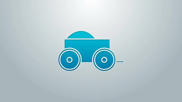 Blue line Wooden four-wheel cart with hay icon isolated on grey background. 4K Video motion graphic animation