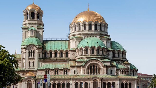 Celebratory fireworks for new year over Alexander Nevsky Cathedral, Sofia - Bulgaria during last night of year. Christmas atmosphere