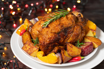 Christmas chicken baked with potatoes yellow peppers and rosemary. Christmas dinner, festive holiday dish.