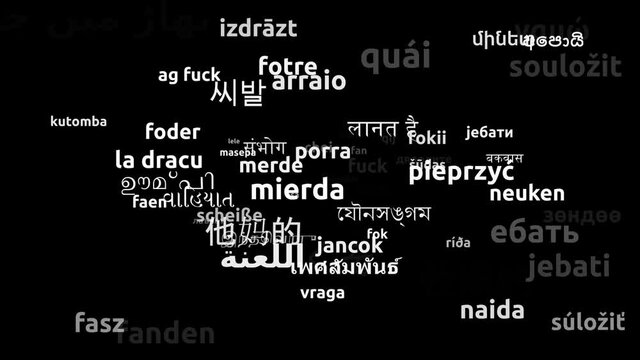 Fuck Translated in 67 Worldwide Languages Endless Looping 3d Zooming Wordcloud Mask