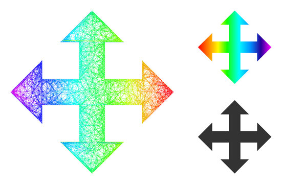 Spectrum vibrant wire frame expand arrows, and solid spectrum gradient expand arrows icon. Crossed frame 2D network abstract image based on expand arrows icon, is made from crossing lines.