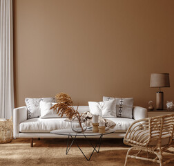 Boho style home interior, living room in brown warm color, 3d render © artjafara