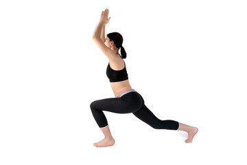 Fototapeta na wymiar Young woman doing yoga practice isolated on white background. Flexible fit female body.