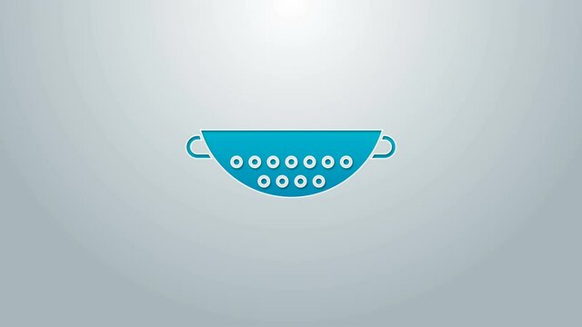 Blue line Kitchen colander icon isolated on grey background. Cooking utensil. Cutlery sign. 4K Video motion graphic animation