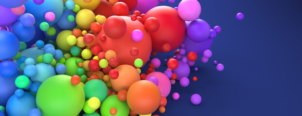Fototapeta na wymiar Vibrant rainbow of multicolored spheres crashing together in bright vivid colors. 3d render.