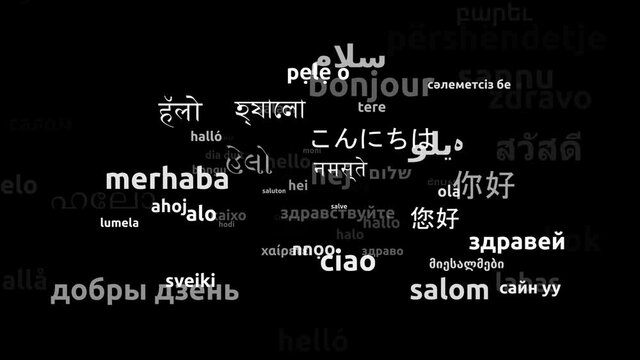 Hello Translated in 69 Worldwide Languages Endless Looping 3d Zooming Wordcloud Mask