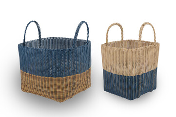 Collection of empty wicker baskets isolated on white background. Traditional rustic handmade products made from rattan