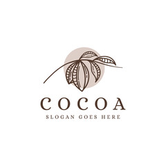 Line art cocoa branch logo, cocoa bean, cocoa plant logo icon vector template on white background