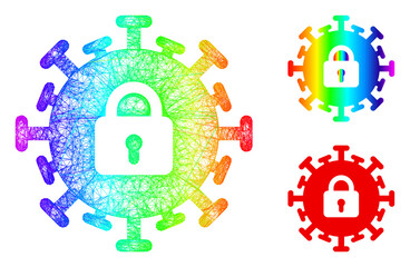 Spectral colorful wire frame contagious lockdown, and solid rainbow gradient contagious lockdown icon. Crossed frame 2D net abstract image based on contagious lockdown icon,